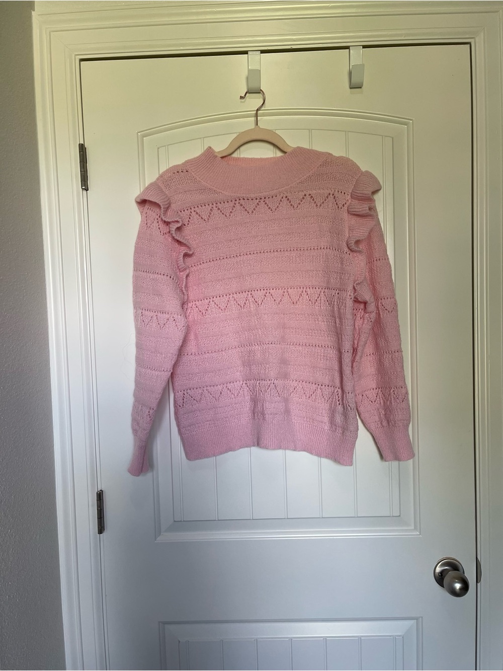SHEIN Blush Pink Ruffle Knit Crewneck Sweater